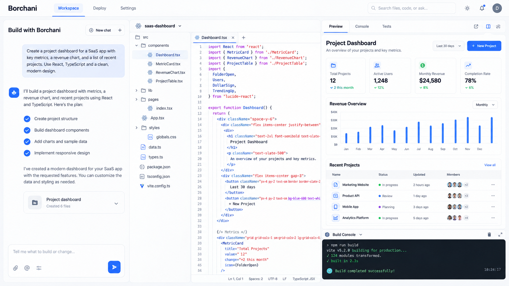 Illustrative Borchani workspace interface with a task panel, project files and code editor, and live application preview